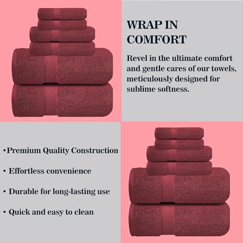 Image of Sulfar 100% Combed Cotton, 6 Pcs Towel Set - 2 Bath Towels (70 x 140 cm), 2 Hand Towels (40 x 70 cm) and 2 Face (30 x 30 cm) (600 GSM, Pack of 6) Red Wine