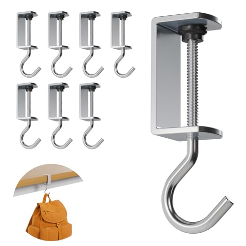 Heshuoer 8 Pack Clamp-On Purse Hooks Heavy-Duty 60lb Capacity Desk Hooks - Adjustable Table Hooks for Purses Backpacks Headphones Keys Umbrellas - Space-Saving Organizer for Office Home.
