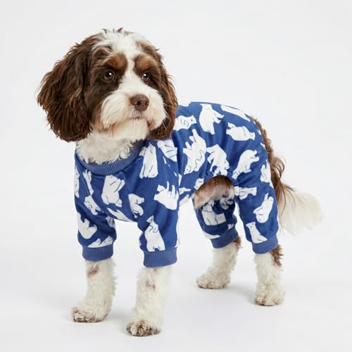 Image of Fitwarm Polar Bear Dog Pajamas, Dog Clothes for Small Dogs Girl Boy, Pet Onesie with Feet, Cat Outfit, Lightweight Velvet, Royal Blue, White, Small