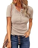 BTFBM Womens Tops 2026 Spring Summer Top Henley V Neck Short Sleeve Button Slim Fit Casual Ribbed Shirts Blouses Outfits(Beige, X-Large)