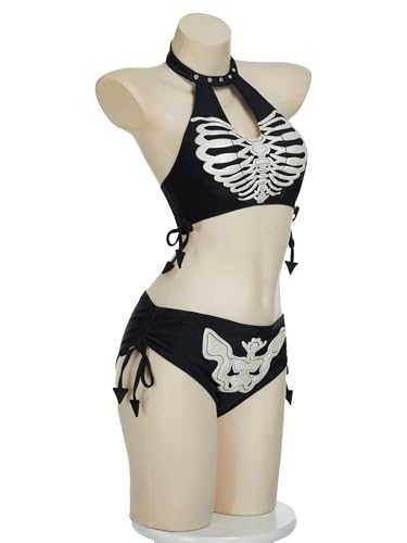 MEOWCOS Goth Bikini Swimsuit Gothic Unique Black Skull Print Bathing Suit Dark Style Goth Swimsuit2