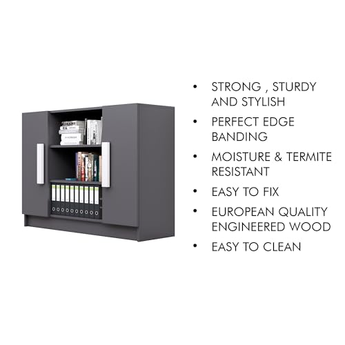 Image of Bniture Engineered Wood Storage Cabinet with 3 Shelf and 2 Door | Book Shelf Wooden Bookshelf for Home | Multipurpose Storage Organizer for Living Room, Hallway & Office | Slate Grey
