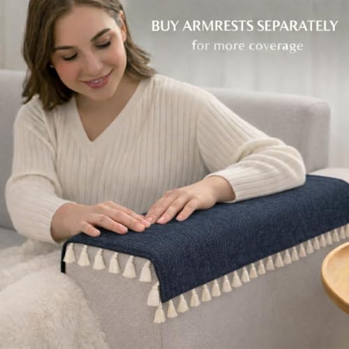Image of STITCHNEST Beige Chenille Sofa Cover 48x30 Inch - Soft, Durable & Textured Fabric with Tassels | Sofa for Living Room, Bedroom, or Drawing Room9