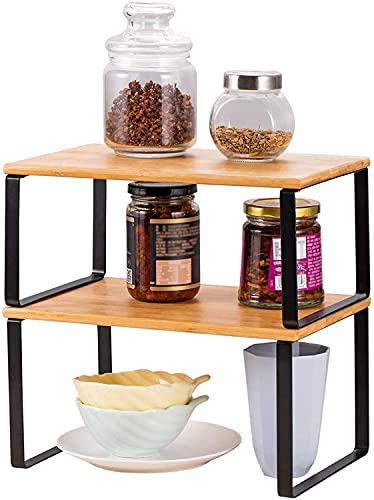 LIANTRAL Küchenregal, Küchenschrank Organizer, Stapelbar Lagerregal, Regaleinsatz für Küchenschrank, Gewürzregal Ausziehbar Ordnungssystem Küche Schrankeinsatz, 2er-Set (Natur/Schwarz) Cover