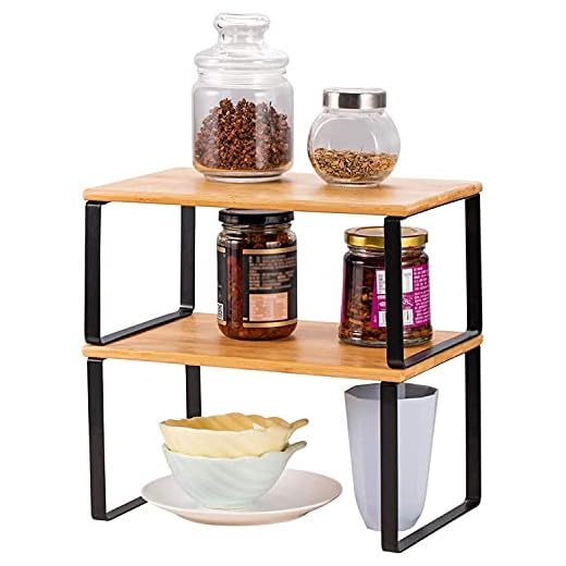 LIANTRAL Organizador de gabinetes, 2 piezas Organizador de almacenamiento de cocina, Soportes para botes de especias, apilables y escalables, Color natural y negro