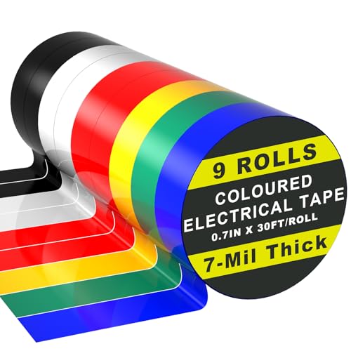 Image of 9 Rolls Colored Electrical Tape (0.7 Inch by 30 Feet) | Waterproof White Black Red Green Blue Yellow Electrical Tape, Suitable for Home, Commercial, and Industrial Use