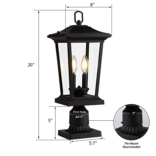 Smeike Outdoor Post Lights, Cast Aluminum Post Light Fixture, 2-Light Pole Mount Light With Clear Glass Panels, Matte Black Finish #TOP2