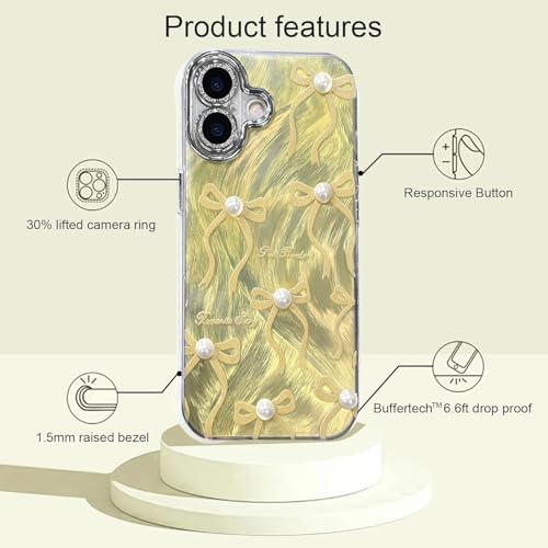 Image of VONZEE Compatible with iPhone 17 6.3'' Case Luxury Pink Girly Cute 3D Bow Pearl Glitter Bling Case with Full Camera Protection Shockproof PC+TPU Glossy Shiny Cover for Girls Women, Green