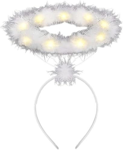 Diadema con halo de ángel con luz LED, blanco y plumas, diadema de halo de ángel para Navidad, disfraces de ángel LED blanco con luz LED