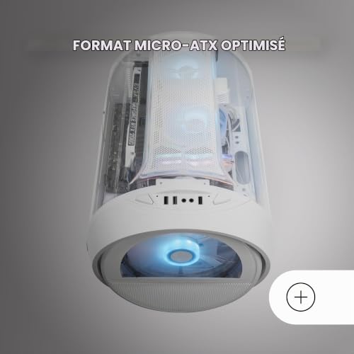 Mars Gaming MC-Cylon, Boîtier Gaming MicroATX, Design Cylindrique de Turbine, Verre Trempé et Fenêtre Supérieure Panoramique Courbée, Ventilateur RGB Frontal 200mm + Ventilateur Arrière 120mm, Blanc