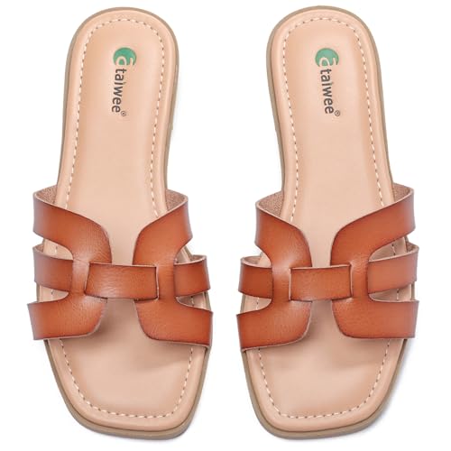 Ataiwee Damen Flache Sandalen für den Sommer – Bequeme Pantoletten aus Kunstleder,Elegante und Lässige Slip-on Pantoletten mit Offener Spitze, (2307018,Hellbraun/MF,45 EU)