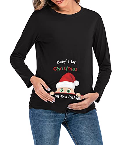 Baby's 1St Christmas Women Maternity Tee Cute Funny Pregnancy T Shirt Sweater(Long Sleeve,Black M) #TOP3