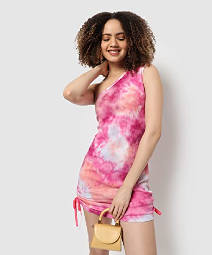 Image of Campus Sutra Women's Pink Tie-Dye Slim Fit Mini Dress for Winter Wear | One Shoulder Sleeve | Slanted Neck | Casual Western Stylish Dress for Women & Girls