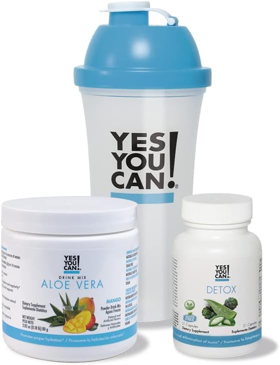 Yes You Can! Detox Kit Bundle - Includes YYC! Capsules, Aloe Vera Drink Mix, and Water Bottle, Body Cleanse Kit, Daily Cleanse and Proper Hydration with Vitamins - (Mango)