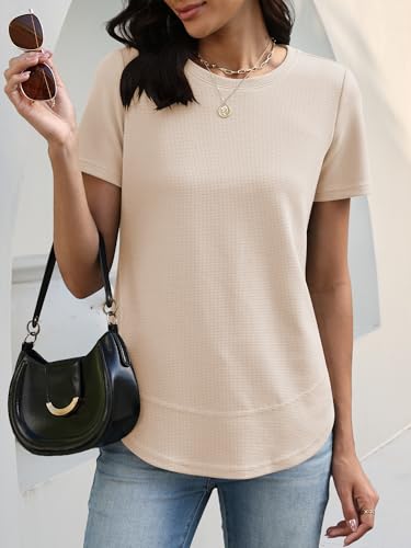 Image of ANRABESS Womens Waffle Knit Tops Short Sleeve Crewneck Shirts Curved Hem Summer Dressy Casual Blouses Spring Fashion Clothing