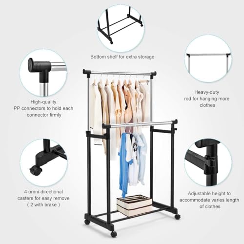 Image of Double Pole Telescopic Clothes &Shoe Rack Folding With 4 Wheels Stand Hanger Garment Drying Rack Multipurpose Portable Storage Laundry Fordable Single And Stand For Indoor Outdoor