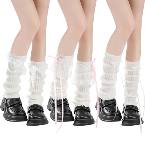 Jspupifip Kawaii Leg Warmers for Girls 3 Pairs, Y2K Lolita Ballet Leg Warmer Ribbed Knit Bow Cute Knee High Legwarmers for Harajuku Japanese Costume Party Accessory(Pink)