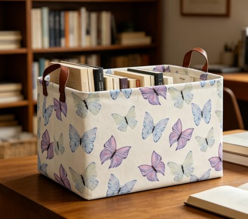 Image of Rectangle Storage Basket with Handles, Collapsible Storage Bin, Books Box,Gift Basket(Blue & Purple Butterfly)