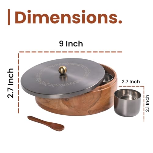 Image of Wooden Masala Box for Kitchen | 7 Stainless Steel Jars with Wooden Spoon | Stainless Steel Brass Lid with Knob | Multipurpose Spice Storage | GunMetal (Bloom Etching)