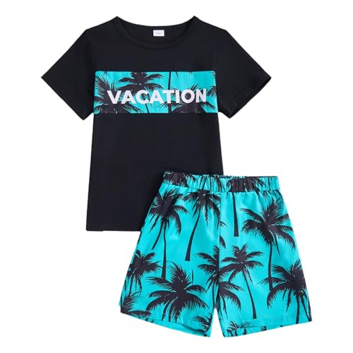 KIMI BEAR 7 Boys Clothes Boys Hawaiian Beach Outfits Summer Tropical Graphic Print Short Sleeve Crewneck Tee and Shorts Sets 2pc 8 Years Old Boy Clothes
