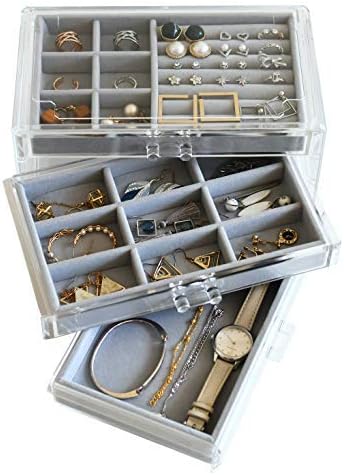 HerFav Acrylic Jewelry Box for Women with 3 Drawers for Rings Earrings and Necklace, Compact Jewelry Case, Transparent Gray