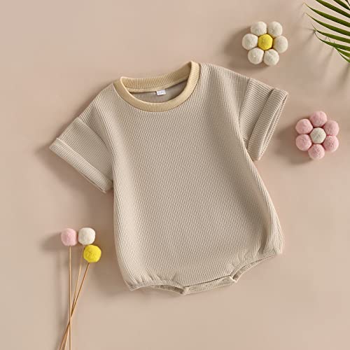 Unisex Baby Boy Girl Solid Romper Waffle Knit Short Sleeve Bubble Onesie Crewneck Bodysuit Tops Summer Clothes (Khaki, 12-18 Months) #TOP2