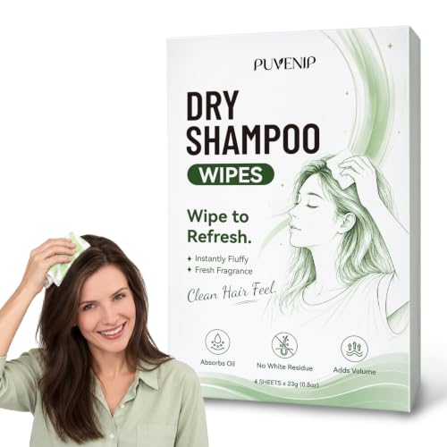 Dry Shampoo Wipes for Women & Men, No-Rinse Hair Refresher for Oily Roots, Restores Natural Volume, No White Residue, All Hair Colors & Types (4 Sheets)
