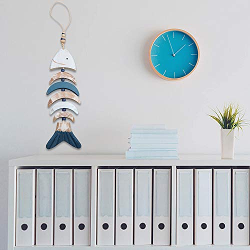 YiYa 24.4" Wooden Decor Fish Bones with Beads for Nautical Decoration, Wall Decor Door Hanging Ornament Beach Theme Garden Office Home Decoration(Blue) - Image 7