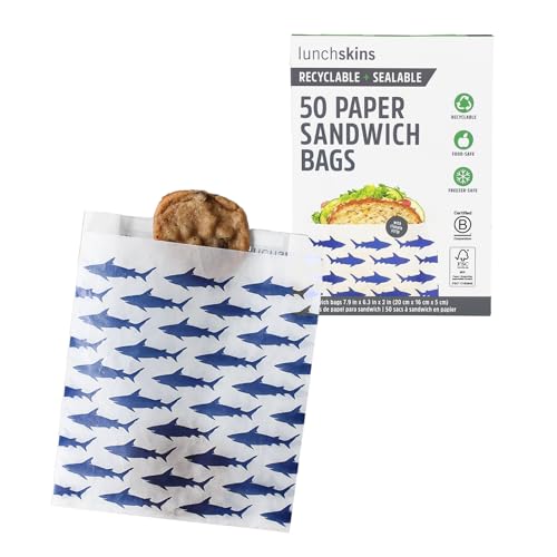 Lunchskins Recyclable + Sealable Paper Sandwich Bags, w/Closure Strip, 50-Count, Shark