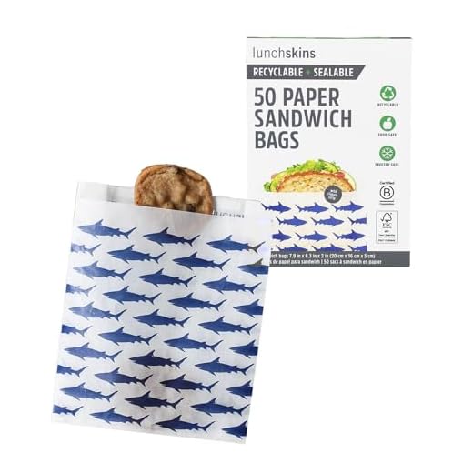 Lunchskins Recyclable + Sealable Paper Sandwich Bags, w/Closure Strip, 50-Count, Shark