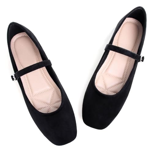 Image of TN TANGNEST Leather Flats for Women Retro Mary Jane Flats | Comfortable Square Toe Slip On Flats with Buckle Strap, Soft Work Flats Office Shoes