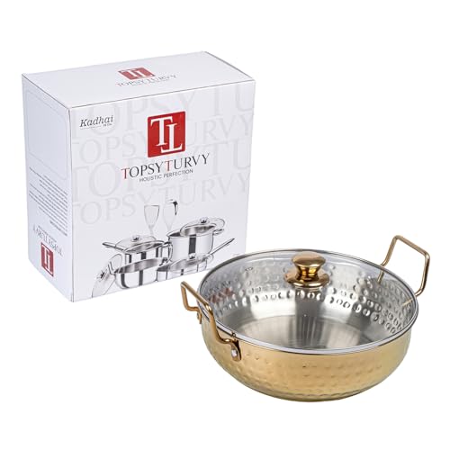 Image of Zaib TOPSYTUVRY Stainless Steel Hammered Gold PVD Coated Kadhai with Glass Lid 24 CM | Heavy Gauge Kadai for Cooking, Frying & Deep Frying