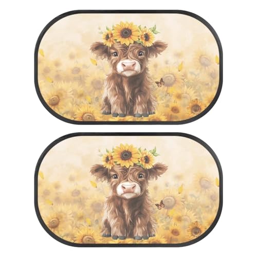 Renewold 2 Pack Cartoon Car Window Sun Shades for Kids 20.47x12.59 Inches Baby Sunshades Glare and UV Rays Protection Car Window Shades for SUV Vans Sedan Truck Sunflower Highland Cattle