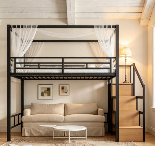 Image of Bellemave Queen loft Bed with Storage Stairs, Wardrobe, LED,Canopy Support Pole, Metal Loft Bed Frame for Adults, Kids, Teens, Canopy can be Disassembled, Black+Natural Wood