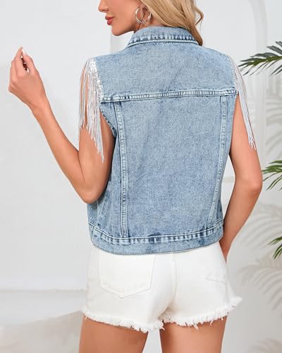 Women's Pearls Beading Denim Vest Sleeveless Sequin Fringe Jean Vest Western Cowgirl Outfit Tops4