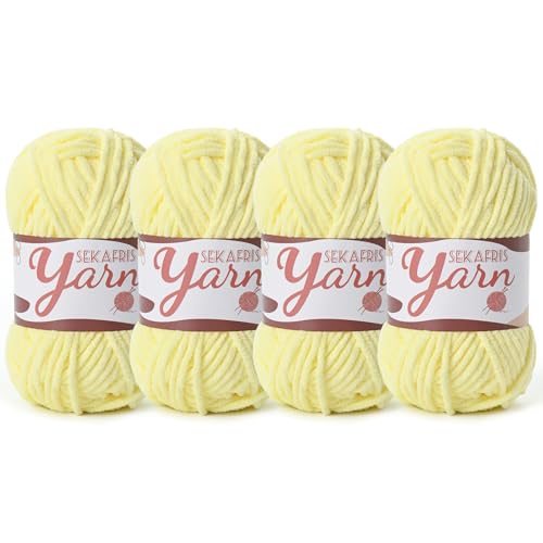 Image of 4 Pack Fluffy Velvet Yarn for Crocheting,Baby Blanket Yarn for Crocheting Soft,200g(262.4yds) Amigurumi Yarns,Plush Chenille Crochet Yarns,Puzzle Yarn for Crochet Weaving Craft(4 Lemon Yellow)