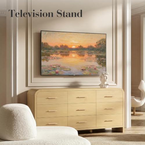 Image of Curved 9-Drawer Dresser for Bedroom, 63 inch Wide Modern Chest of Drawers, Vanity Desk TV Stand for Living Room, Closet Storage Drawers Organizer Furniture, Nursery, Hallway, Natural Oak