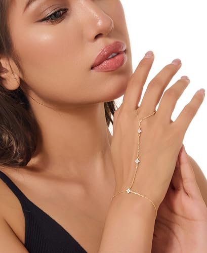 Gold Bracelets for Women 14K Gold Plated Hand Chain Bracelet Dainty Trendy Ring Chain Bracelet Charm Link Adjustable Cubic Zirconia Hand Bracelets Jewelry Gifts for Women2