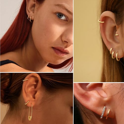 925 Sterling Silver Hoop Earrings 4-5 Pairs Cubic Zirconia Silver Hoop Earrings Hypoallergenic Silver Hoop Earring for Women Small Cartilage Sleepers Huggie Earrings Sets 8/10/12/14/16mm2