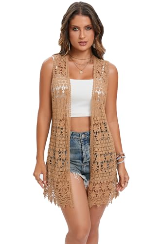 Image of GLEAMISS Women's Crochet Floral Vest Lace Trim Boho Sleeveless Cardigan