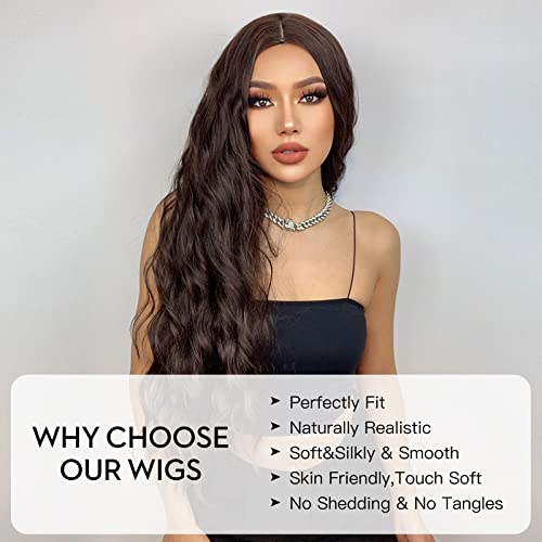 Dark Brown Wigs For Women Long Wavy Curly Middle Part Hair Wig Synthetic Heat Resistant Wig For White Women Girls Daily Use Cosplay Wedding Birthday Holiday Festival Party Travel Office 28 Inches #TOP4