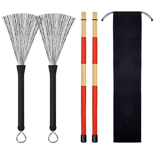Drum Sticks Set,1 Pair Retractable Drum Wire Brushes and 1 Pair Rods Drum Brushes set for Kids, Adults, Rock Band, Jazz Folk Students with Portable Storage Bag