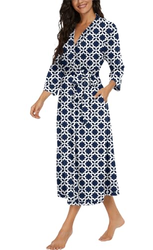 Image of VINTATRE Robes for Women Long Knit Bathrobe XS-4XL | 3 /4 Sleeve Bathrobes with Pockets, Stretchy and Lightweight Fabric, Inner Tie and Fixed Outer Matching Belt, Mid Calf Length