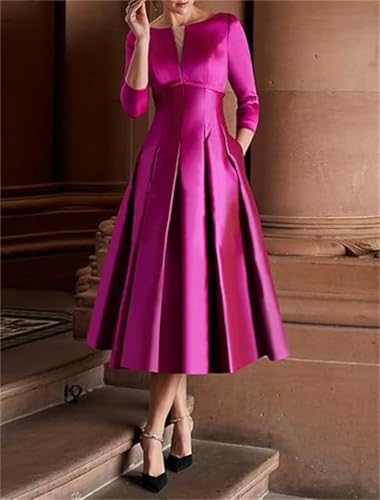 Satin A Line Mother of The Bride Dresses for Wedding Tea Length Long Sleeve Wedding Guest Dress for Women2