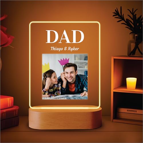 Image of Giftplease Personalized LED Photo Frame for Dad | Custom Name & Single Picture Wooden Engraved Light | Father's Day Present for Papa Father Daddy | Unique Birthday Surprise Tabletop Decor Lamp