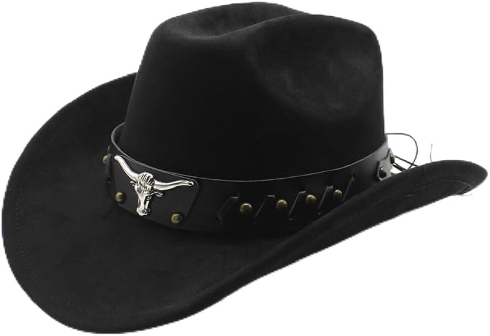 Western Style Black Felt Cowboy Hat with Silver Bull Head Emblem