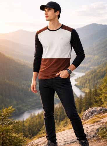 Image of ADRO Men's Full Sleeve T-Shirt Navy Grey Colorblock | Cotton Round Neck Casual Tshirt | Regular Fit Stylish T Shirt