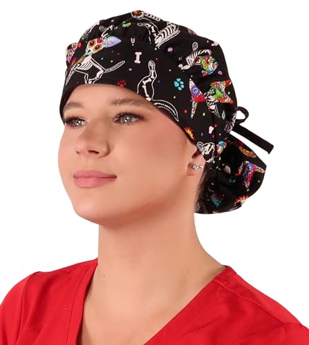 Sparkling EARTH X-RAY Dogs with Coordinating Black Ties Banded Bouffant Ponytail Classic Surgical Style Scrub Working Cap - Made in The USA