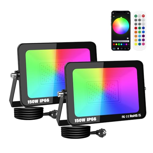 SKYWORLD 2 x 150W Foco LED RGB Exterior, Proyector LED Multicolor Impermeable, Control de APP, Luz de Inundación RGB Foco de Colores Smart LED Floodlights para Jardín Parque Hotel Terraza