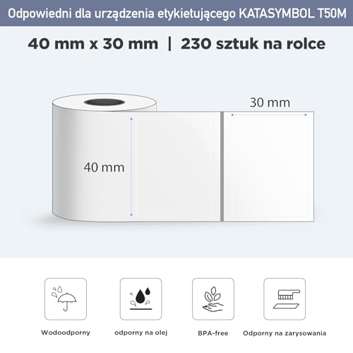 SUPVAN KATASYMBOL T50M Pro Taśma Do Drukarki Etykiet, Papier, Wodoodporne Etykiety Do Domu, Szkoły, Biura, 40 mm x 30 mm, 230 Etykiet/Rolka,1 Rolka, Czarny Na Przezroczysty